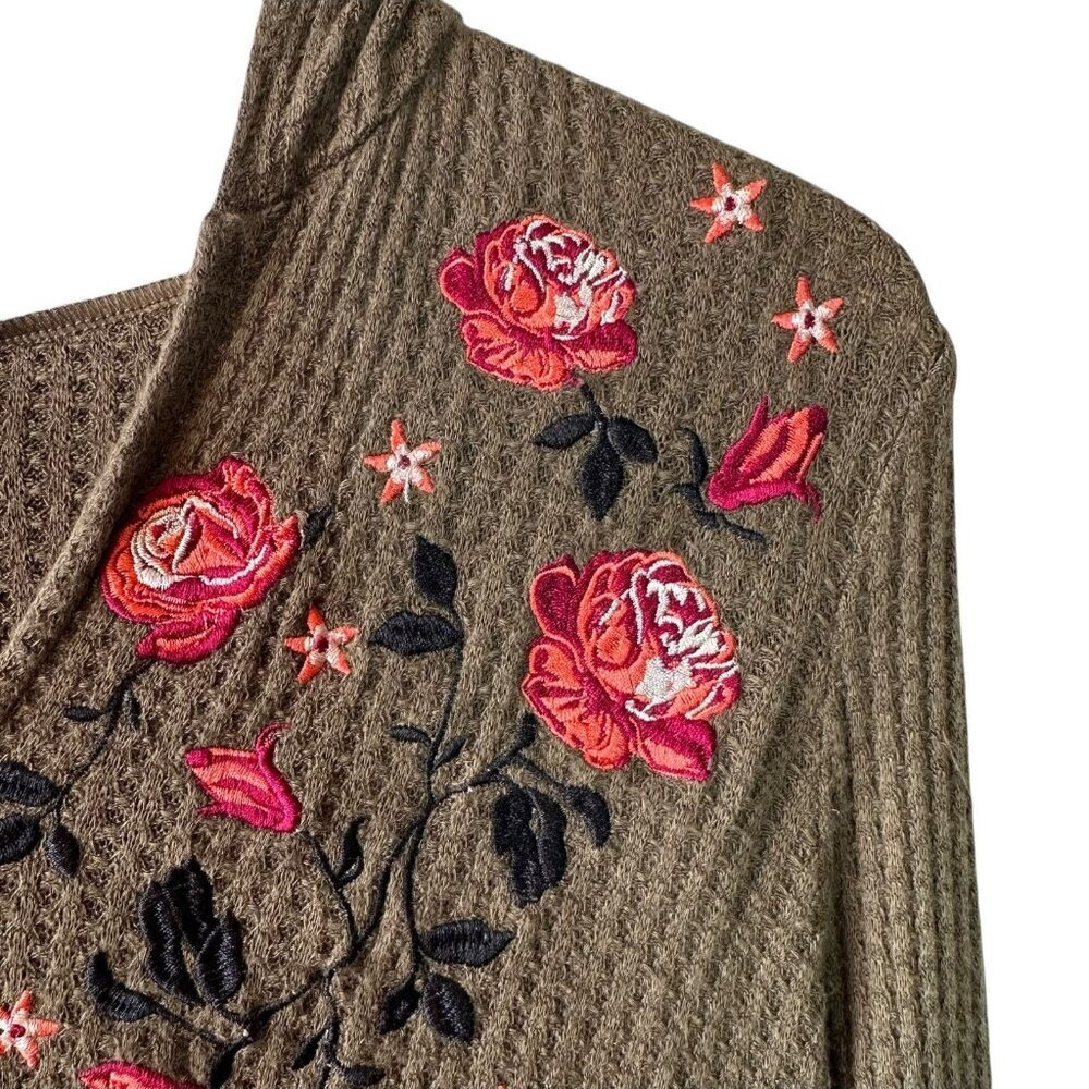 Anthropologie Olive Green Embroidered Floral Waffle Knit Hoodie Size Small - Picture 5 of 8